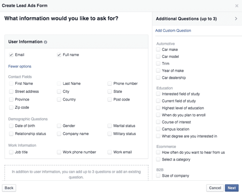 Facebook Leas Generation Ads form